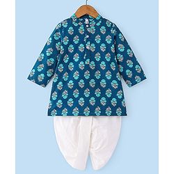 Babyhug Cotton Woven Full Sleeves Floral Printed Kurta & Dhoti Set - Indigo & White