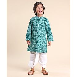 Babyhug 100% Cambric Full Sleeve Printed Kurta With Solid Dhoti Set - Teal Blue