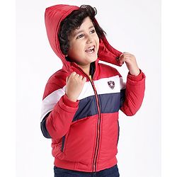 Babyhug Woven Full Sleeves Jacket With Detachable Hood - Red White & Blue