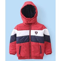 Babyhug Woven Full Sleeves Jacket With Detachable Hood - Red White & Blue