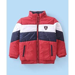 Babyhug Woven Full Sleeves Jacket With Detachable Hood - Red White & Blue