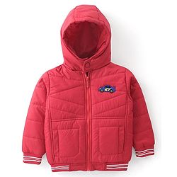 Babyhug Woven Full Sleeves Jacket With Hood & Car Applique - Red