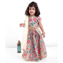 Babyhug 100% Cotton Short Sleeves Floral Printed Choli and Lehenga with Crushed Mull Dupatta Set - Cream