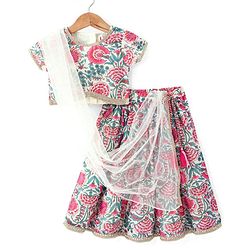 Babyhug 100% Cotton Short Sleeves Floral Printed Choli and Lehenga with Crushed Mull Dupatta Set - Cream