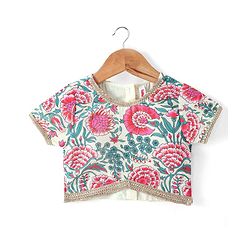 Babyhug 100% Cotton Short Sleeves Floral Printed Choli and Lehenga with Crushed Mull Dupatta Set - Cream