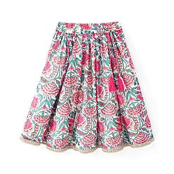 Babyhug 100% Cotton Short Sleeves Floral Printed Choli and Lehenga with Crushed Mull Dupatta Set - Cream