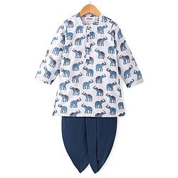 Babyhug 100% Cambric Full Sleeve Elephant Printed Kurta With Solid Dhoti Set - White & Navy
