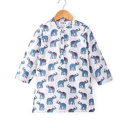 Babyhug 100% Cambric Full Sleeve Elephant Printed Kurta With Solid Dhoti Set - White & Navy