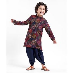 Babyhug Rayon Full Sleeves All Over Printed Dhoti Kurta Set - Navy Blue
