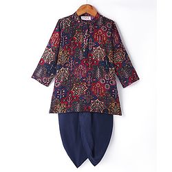 Babyhug Rayon Full Sleeves All Over Printed Dhoti Kurta Set - Navy Blue