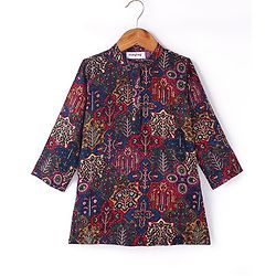 Babyhug Rayon Full Sleeves All Over Printed Dhoti Kurta Set - Navy Blue