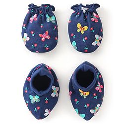 Babyhug Interlock 100% Cotton Knit Mittens & Booties Butterfly Print - Navy Blue