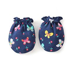 Babyhug Interlock 100% Cotton Knit Mittens & Booties Butterfly Print - Navy Blue