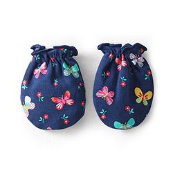 Babyhug Interlock 100% Cotton Knit Mittens & Booties Butterfly Print - Navy Blue