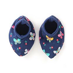 Babyhug Interlock 100% Cotton Knit Mittens & Booties Butterfly Print - Navy Blue