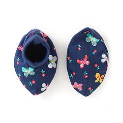 Babyhug Interlock 100% Cotton Knit Mittens & Booties Butterfly Print - Navy Blue