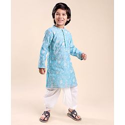Babyhug 100% Cotton Knit Full Sleeve Embroidered Kurta & Dhoti Set - Auqa Blue