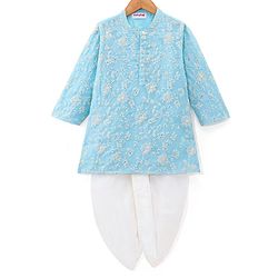 Babyhug 100% Cotton Knit Full Sleeve Embroidered Kurta & Dhoti Set - Auqa Blue