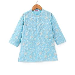 Babyhug 100% Cotton Knit Full Sleeve Embroidered Kurta & Dhoti Set - Auqa Blue