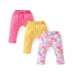 Babyhug Cotton Knit Full Length Diaper Pants Stars Printed Pack of 3 - Pink & Yellow
