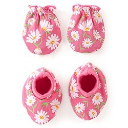 Babyhug Interlock 100% Cotton Knit Mittens & Booties Floral Print - Pink