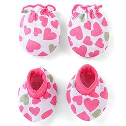 Babyhug Interlock 100% Cotton Knit Mittens & Booties Heart Print - Pink