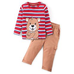 Babyhug 100% Cotton Knit to Knit Full Sleeves Stripes  T-Shirt and  Trouser-Maroon & Brown