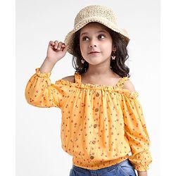 Babyhug 100% Rayon Woven Full Sleeves Off Shoulder Top with Smocking & Ruffle Detailing Floral Print - Yellow