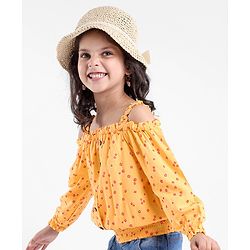Babyhug 100% Rayon Woven Full Sleeves Off Shoulder Top with Smocking & Ruffle Detailing Floral Print - Yellow