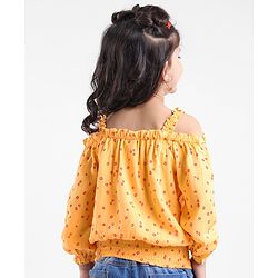 Babyhug 100% Rayon Woven Full Sleeves Off Shoulder Top with Smocking & Ruffle Detailing Floral Print - Yellow