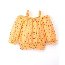 Babyhug 100% Rayon Woven Full Sleeves Off Shoulder Top with Smocking & Ruffle Detailing Floral Print - Yellow