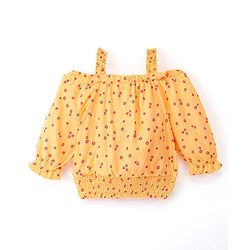 Babyhug 100% Rayon Woven Full Sleeves Off Shoulder Top with Smocking & Ruffle Detailing Floral Print - Yellow