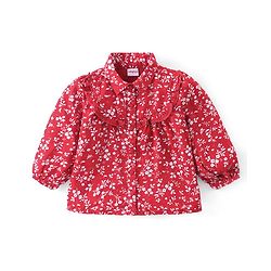 Babyhug Full Sleeves Rayon Floral Printed Top with Frill & Lace Detailing - Red