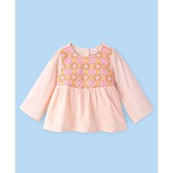 Babyhug Full Sleeves 100% Rayon Woven Gathered Top with Embroidery Detailing - Peach