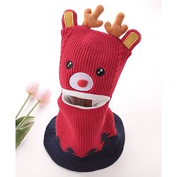 Babyhug Monkey Cap Reindeer Print - Red
