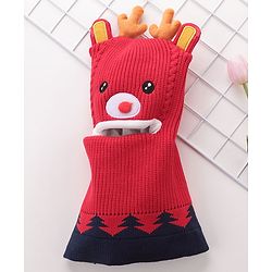 Babyhug Monkey Cap Reindeer Print - Red