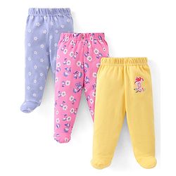 Babyhug Cotton Knit Full Length Bootie Leggings Floral Print Pack of 3 - Yellow Pink & Blue