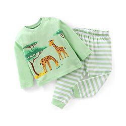 Babyhug Cotton Knit Full Sleeves Night Suit Stripes & Giraffe Print - Green