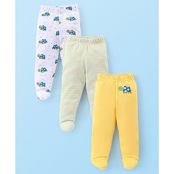 Babyhug Cotton Footed Bootie Leggings Striped & Tortoise Printed Pack of 3 - Yellow & Blue