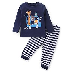 Babyhug Cotton Knit Full Sleeves Night Suit With Animals Print - Navy Blue