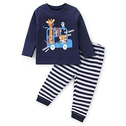 Babyhug Cotton Knit Full Sleeves Night Suit With Animals Print - Navy Blue