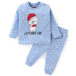 Babyhug Cotton Knit Single Jersey Full Sleeves Night Suit With Polar Bear & Snowflake Print - Blue