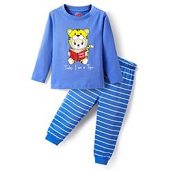Babyhug Single Jersey Knit Full Sleeves Nightsuit With Animal Print & Stripes - Blue