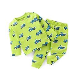 Babyhug Cotton Knit Full Sleeves Trucks Printed Night Suit - Green