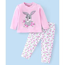 Babyhug Cotton Knit Single Jersey  Full Sleeves Night Suit With Bunny & Floral Print - Pink & White