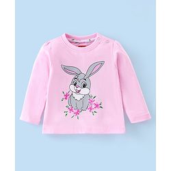 Babyhug Cotton Knit Single Jersey  Full Sleeves Night Suit With Bunny & Floral Print - Pink & White