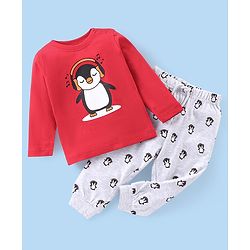Babyhug Cotton Knit Single Jersey  Full Sleeves Night Suit With Penguin Print - Red & White