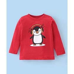 Babyhug Cotton Knit Single Jersey  Full Sleeves Night Suit With Penguin Print - Red & White