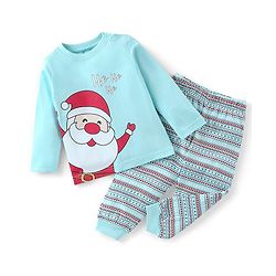 Babyhug Cotton Knit Single Jersey Full Sleeves Night Suit With Santa Clause Print - Blue