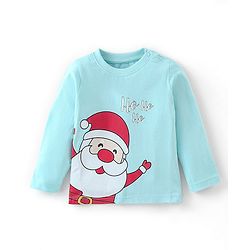 Babyhug Cotton Knit Single Jersey Full Sleeves Night Suit With Santa Clause Print - Blue